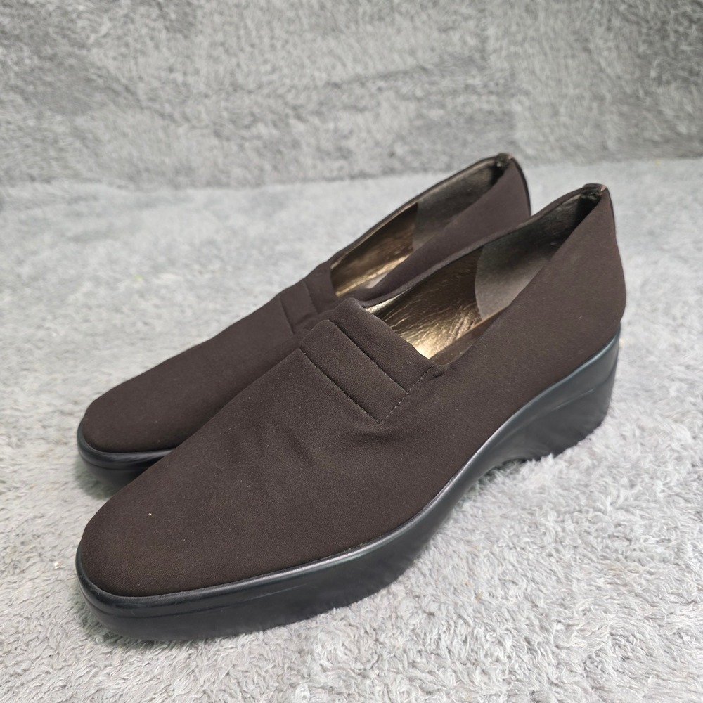 Stuart Weitzman Wedge Loafers Brown Stretch Square Toe Womens 7.5‎ Excellent - Picture 1 of 8